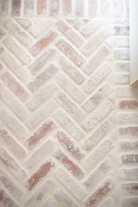 Brick paver floors in the powder room - my favorite detail! Brick Paver Laundry Room, Brick Pavers Bathroom Floor, Brick Pavers In Bathroom, Brick Paver Bathroom Floors, Rushmore Brick Floor, Brick Tiles Floor, Brick Paver Flooring, Brick Linoleum Flooring, Chevron Brick Floor