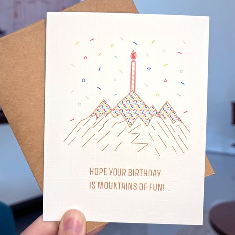 DETAILS: A2 Size - 4.25" x 5.5" 100lb Linen Finish Paper Blank Inside Includes Coordinating Envelope Packaged in a Clear Cello Bag Introducing our delightful "Mountains of Fun" Birthday Card - a whimsical and charming way to wish your loved ones a joyous celebration! Printed on high-quality, linen finish cardstock. This uniquely crafted card features a picturesque mountain landscape adorned with sprinkles that resemble glistening snow. The playful design captures the essence of fun and excitemen Mountain Birthday Cards, Birthday Cards Homemade, Birthday Cards Ideas, Fun Birthday Cards, Sprinkle Birthday, Mountain Card, Fun Birthday Card, Unique Birthday Cards, Simple Birthday Cards