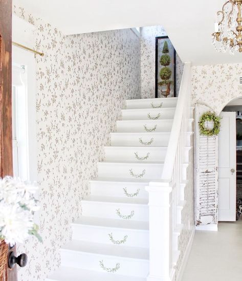 French Country Staircase Decor via @simplyfrenchmarket Country Staircase Ideas, French Country Staircase, Country Staircase, Painted Stairs Ideas, Ways To Use Wallpaper, Railing Makeover, Stair Railing Makeover, Vintage French Furniture, Staircase Styles