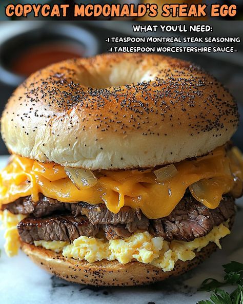 Copycat McDonald's Steak, Egg & Cheese Bagel This Copycat McDonald’s Steak, Egg, and Cheese Bagel is a hearty and flavorful breakfast sandwich loaded with tender steak, fluffy scrambled eggs, and melted cheese, all nestled in a toasted bagel. Perfect for starting your day with a filling and delicious meal! Ingredients - 1 bagel, sliced and toasted - 1/2 lb steak (like ribeye or sirloin), thinly sliced - 1 teaspoon Montreal steak seasoning - 1 tablespoon Worcestershire sauce - 2 large eggs -... Steak Egg And Cheese Bagel, Egg And Cheese Bagel, Toasted Bagel, Montreal Steak Seasoning, Fluffy Scrambled Eggs, Cheese Bagels, Tender Steak, Egg Cheese, Egg And Cheese