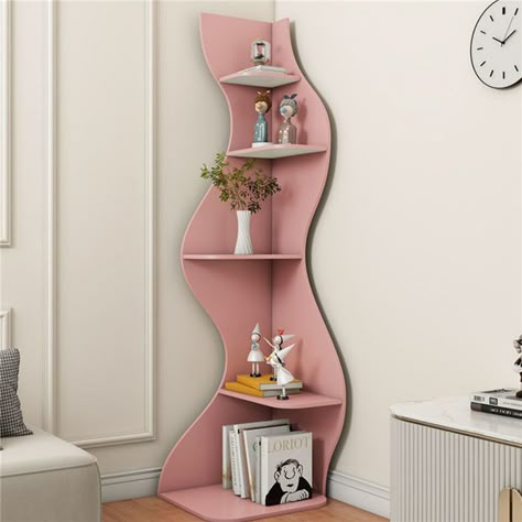 Latitude Run® 5 Layer Corner Bookshelf, Modern Independent Curve Corner Bookcase | Wayfair Wavy Corner Shelf, Cute Room Decor Items, Small Corner Bookshelf, Wavy Bookshelf, Cute Furniture For Apartments, Cute Things To Buy For Your Room, Pink Things To Buy, Corner Room Decor, Room Corner Decor Ideas