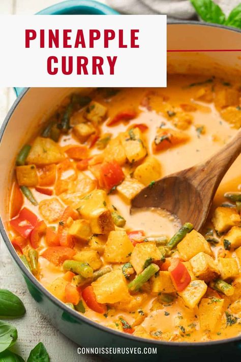 This pineapple curry is sweet, spicy, and so satisfying! Made with juicy pineapple chunks and fresh veggies in creamy coconut milk base, it's absolutely scrumptious and really easy to make. Pineapple Coconut Curry, Thai Pineapple Curry, Vegan Thai Curry, Pineapple Curry, Mango Curry, Curry Ingredients, Vegan Dinner Recipes Easy, Pineapple Chunks, Vegan Entree