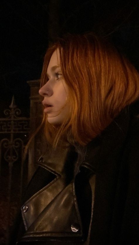 Ginger Girl Aesthetic, Leather Jacket Aesthetic, Dark Orange Hair, Girl Aesthetic Dark, Jacket Aesthetic, Hair Orange, Ginger Girls, Suzanne Collins, Aesthetic Dark