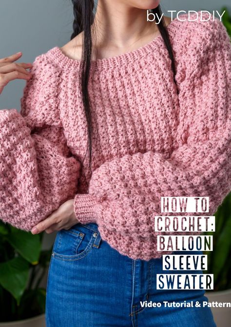 Balloon Sleeves Sweater, Crochet Lantern Sleeve Sweater Pattern, Crochet Winter Top, Crochet Winter Dresses, Crochet Balloon Sleeve, Crochet Balloon, Crochet Jumper Pattern, Crochet Blouses, Sweater Tutorial