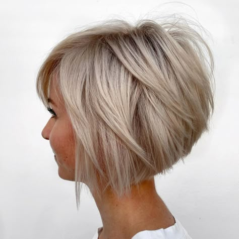 Short Stacked Bob with Feathery Layers Short Stacked Bob Haircuts, Low Maintenance Short Haircut, Short Stacked Bobs, Bob Fosse, Stacked Bob, Stacked Bob Haircut, Wavy Bob Hairstyles, Low Maintenance Hair, Short Bob Haircuts