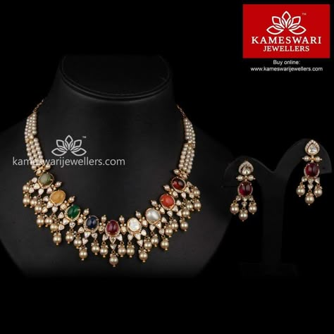 Ruby Necklace Designs, Vintage Indian Jewelry, Polki Necklace Set, Kameswari Jewellers, Beautiful Diamond Earrings, Gold Temple Jewellery, Diamond Pendants Designs, Antique Gold Jewelry Indian, Indian Bridal Jewelry Sets