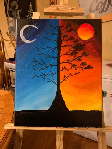 Tree Drawing Fall, Half And Half Paintings Ideas, Cold Colour Painting, Day And Night Canvas Painting, Analogous Color Drawing, Landscape Ideas Drawing Coloring, Cool And Warm Color Painting, Warm And Cool Colors Drawing, Cold And Warm Colors Art Paintings