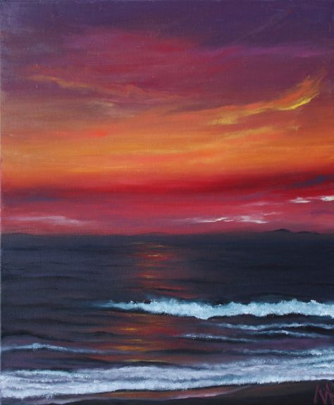 Red Ocean Painting, Cloudy Landscape, Expressionism Landscape, Wave Landscape, Fall Landscape Painting, Cloudy Sunset, Landscape Ocean, Purple Painting, Sky Art Painting