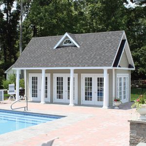 Pool Houses for Sale | Free Pool House Delivery in CT, MA, RI Metal Pool House Ideas, Garage Converted To Pool House, Pool House Ideas Floor Plans, Pool House With Boat Garage, Small Pool Shed, Pool House Designs Layout, Pool House With Exercise Room, Small Pool House Interior, Poolhouse Guesthouse