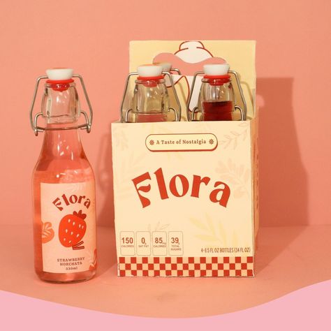 Flora packaging and label design 🌺🌸🌷 Pt.1 @drinkfloraa is a company that introduced their new line of flavors centered around Hispanic culture and some flavors based on popular drinks and treats. Check them out! #branding #brandidentity #brandingdesign #packaging #packagingdesign #springdrinks #playfuldesign #marketing Drink Box Packaging Design, Glass Packaging Ideas, Bottle Packaging Design Boxes, Canned Cocktail Packaging, Drink Box Packaging, Beverage Campaign, Juice Bottle Label Design, Drink Graphic Design, Kombucha Packaging