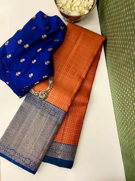 Unique Kanchipuram Silk Saree, Blue Kanchipuram Saree, Orange Silk Saree, Kancheepuram Silk Saree, Saree Color Combinations, Royal Blue Saree, Saree Styling, Kanchi Sarees, Latest Silk Sarees