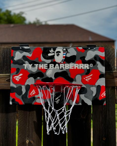 Custom Bape x Barber Basketball Hoop ❤️‍🔥🏀 book with @ty.thebarberrr Shop with me👩🏾‍🎨Place your order for a custom basketball hoop today! #abathingape #basketball #customart #barber #bape #art Bape Art, Custom Basketball, Shop With Me, Basketball Hoop, A Bathing Ape, May 20, Custom Art, All Art, Basketball