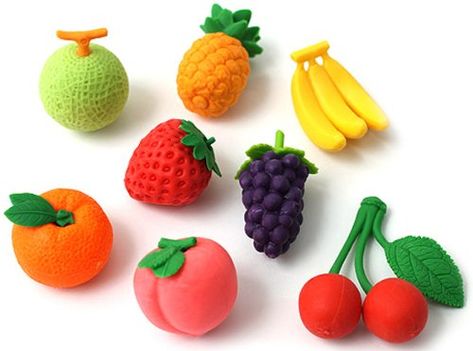 Kawaii Erasers, Food Erasers, Eraser Collection, Clay Fruit, Charm Ideas, Cool Office Supplies, Clay Crafts For Kids, Clay Things, Pretty Pens