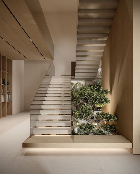 MINIMAL VILLA - BAHRIN :: Behance Minimal Villa, U Shaped Stairs, U Shaped Staircase, Staircase Architecture, Landscape Stairs, Staircase Design Modern, Contemporary Stairs, Contemporary Staircase, House Staircase