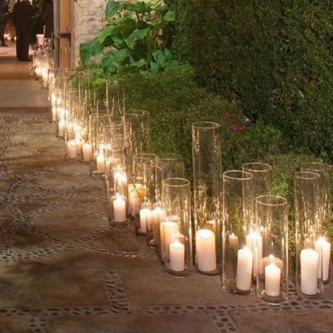 Candle Lights Wedding Decor, Candle Outdoor Wedding, Tall Flameless Candles, Lantern Walkway Wedding, Candle Lit Walkway Wedding, Candles Walkway, Outdoor Wedding Candle Decor, Heavy Candlelight Wedding, Engagement Party Candles