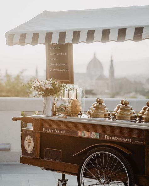 Wedding // Photo & Video on Instagram: “Vintage gelato cart with a breathtaking view of Florence: simply perfection. ⠀  Gelato cart: @cassia_vetus Planning: @nomadrepublic_intl ⠀…” Gelato Cart, Gelato Bar, Coffee Bar Wedding, Sicily Wedding, Florence Wedding, Ice Cream Cart, Coffee Wedding, Champagne Bar, Lake Como Wedding