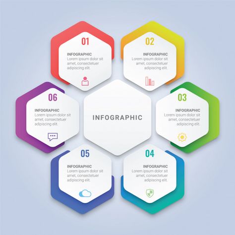 Hexagon infographic template with six options for workflow layout, diagram, annual report, web design Premium Vector Hexagon Infographic, Circle Infographic, Infographic Layout, Infographic Powerpoint, Infographic Design Layout, Vector Infographic, Infographic Design Template, Documents Design, Powerpoint Design Templates