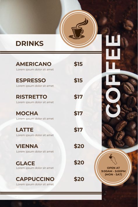 This menu template is great starting point for your next campaign. It is professional and earn you more attention, clicks, and customers. Simple Coffee Menu Design, Coffee Menu Design Ideas, Menu Design Ideas, Template Brown, Ideas Background, Classic Mens Haircut, Coffee Menu Design, Starbucks Wallpaper, Menu Design Inspiration