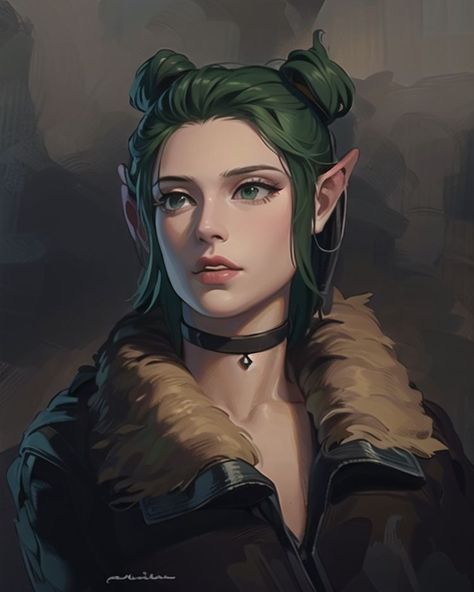 Half Elf Rouge, Dnd Character Portraits, Elf Dnd Character, Dnd Characters Art, Green Hair Character, Dnd Characters Character Concept, Shadowrun Elf, Half Elf Female, Elf Character Art