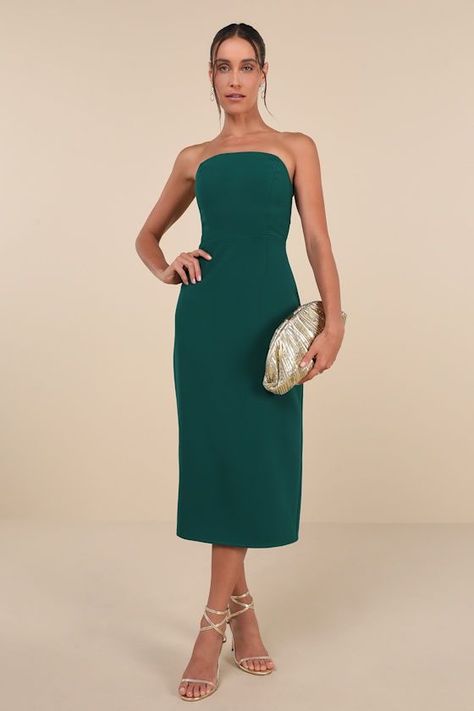 Green Dresses Formal, Strapless Green Dress, Midi Dress Strapless, Dress And Shoes, Green Cocktail Dress, Emerald Green Dresses, Strapless Midi Dress, Kick Pleat, Midi Cocktail Dress