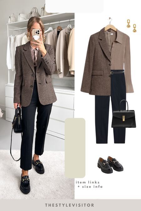 Black And Brown Business Outfit, Taupe Blazer Outfit Work, Work Outfits For Short Women, Winter 2024 Work Outfits, Checkered Pants Outfit Work, Brown Checkered Blazer Outfit, Brown Checked Blazer Outfit, Winter Office Shoes, Dark Brown Blazer Outfit