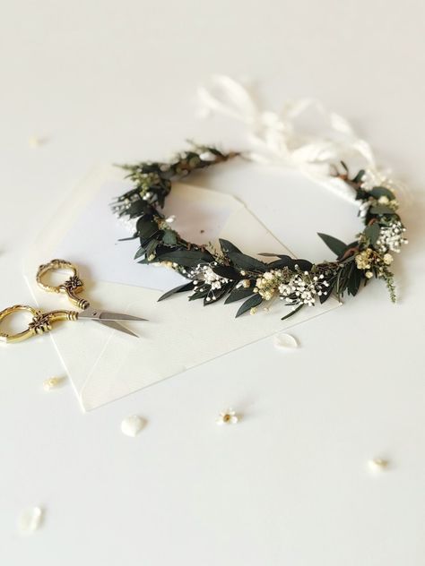 Handmade flower hair wreath made from preserved eucalyptus and olive leaves, baby's breath and rosemary.  #hairaccessory #hairstyle #hairstyling #bridalhair #bridalhairstyle #flowers #flowershop #flowerhair #headpiece #flowercrown #flowerwreath #floralarangement #dreamwedding #fairydesign #fairycore #greenery #greenerywedding #greenerybride Natural Wedding Hair, Wedding Hair Crown, Half Wreath, Flower Wreath Hair, Natural Wedding Hairstyles, Preserved Eucalyptus, Olive Leaves, Feuille Eucalyptus, Hair Crown