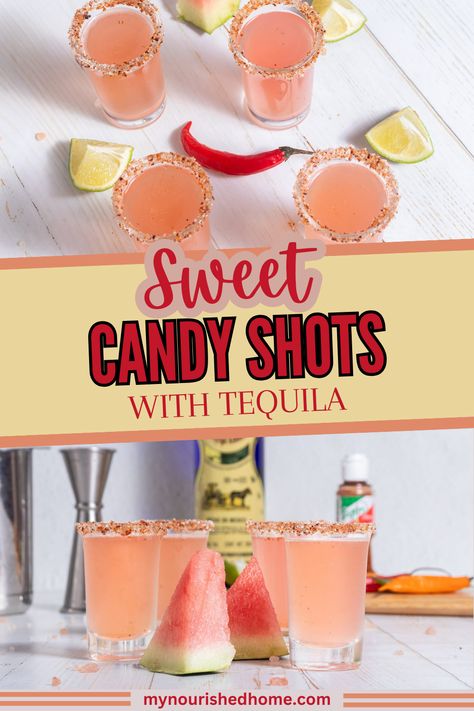 Watermelon Candy Shots, Mexican Candy Shots Recipes, Sweet Shots Recipes, Jello Shot Recipes Tequila, Shots With Tequila, Watermelon Tequila Shots, Mixed Drinks With Tequila, Mexican Candy Shots, Sleep Over Games