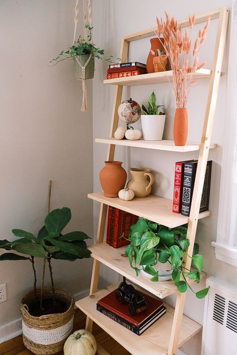 How to build a DIY Modern ladder shelf - If Only April Diy Plant Ladder Shelf, Diy Leaning Ladder Shelf, Diy Wooden Ladder Shelf, Build Ladder Shelf, Leaning Shelf Diy, Decorating A Ladder Shelf, Ladder Nightstand, Diy Standing Shelf, How To Make A Ladder Shelf