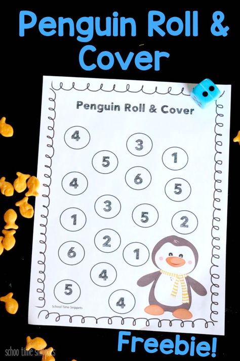 Penguin Roll & Cover Numbers Game; printable gameboards for numbers 1-6 and 7-12 Penguin Worksheets Preschool, Penguin Themed Preschool Activities, Penguin Craft Preschool, Penguin Learning Activities Preschool, Winter Animals Preschool Activities Math, Penguin Games Preschool, Penguin Centers Preschool, Penguin Curriculum Preschool, Monster Math Activities