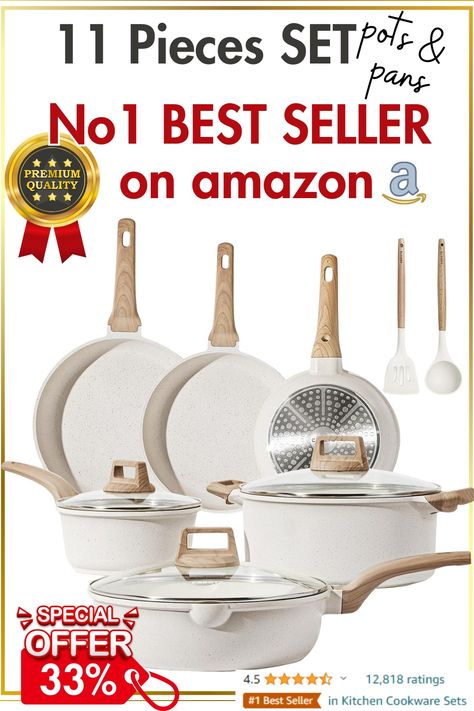 🏷️-33% off ❤️‍🔥No1 BEST SELLER on Amazon -11 pcs set pots & pans! Upgrade your cookware and kitchen!

✔️Eco-friendly White Granite Pots and Pans
✔️11-Piece Cookware Set Includes :8.7 inch/10.5inch/ 12inch Frying Pan+1.7 QT Saucepan +6.5QT Casserole Pot with Lid+4.5QT Sauté Pan with Lid+2* utensils
✔️Suitable For All Stoves
✔️Easy to clean 
✔️Non Stick
✔️Elegant and modern

Amazon and the Amazon logo are trademarks of Amazon.com, Inc. or its affiliates. Best Cooking Pots And Pans, Best Pot And Pan Set, Non Stick Pots And Pans Cookware Set, Non Toxic Pots And Pans Cookware Set, Neutral Pots And Pans, Pots And Pans Set Walmart, Best Nonstick Cookware Set, Kitchen Cookware Sets, Nonstick Cookware Sets