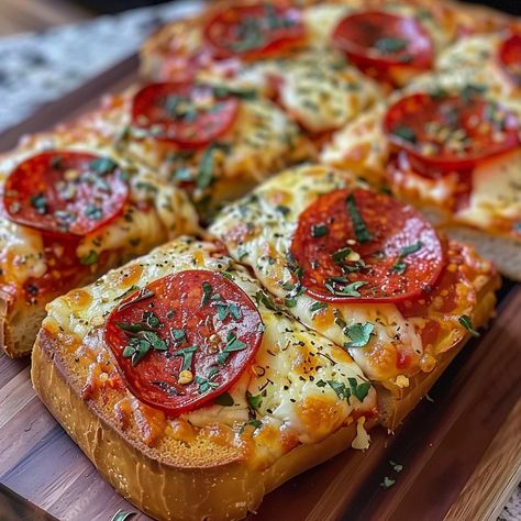 Easy Garlic Bread Pizza, Garlic Bread Pizza Recipe, Italian Bread Pizza Recipe, Hamburger Dinners, Garlic Breads, Pizza Dishes, Superbowl Recipes, Bread Pizza Recipe, Pizza Buns