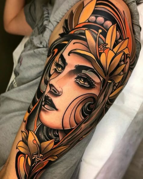 female-face-surrounded-by-flowers-arm-tattoo-traditional-tattoo-designs-floral-crown Traditional Tattoo Woman Face, Traditional Tattoo Woman, Face Tattoos For Women, Neo Tattoo, Neotraditional Tattoo, Traditional Style Tattoo, Traditional Tattoo Sleeve, Back Of Shoulder Tattoo, Forearm Tattoo Women