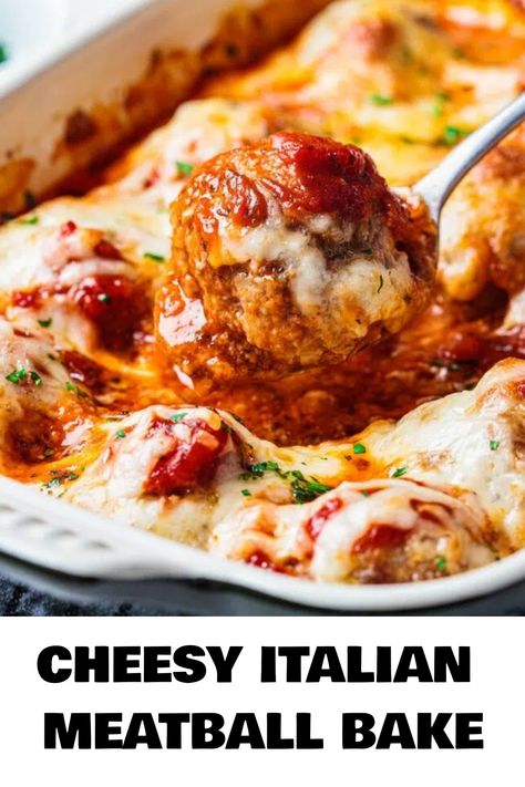 Cheesy meatball bake topped with marinara sauce and melted cheese. Pizza Meatballs Recipe, Casserole Appetizers, Meatballs Casserole, Meatball Casserole Recipe, Baked Italian Meatballs, Italian Casserole, Juicy Meatballs, Minced Beef Recipes, Cheesy Meatballs