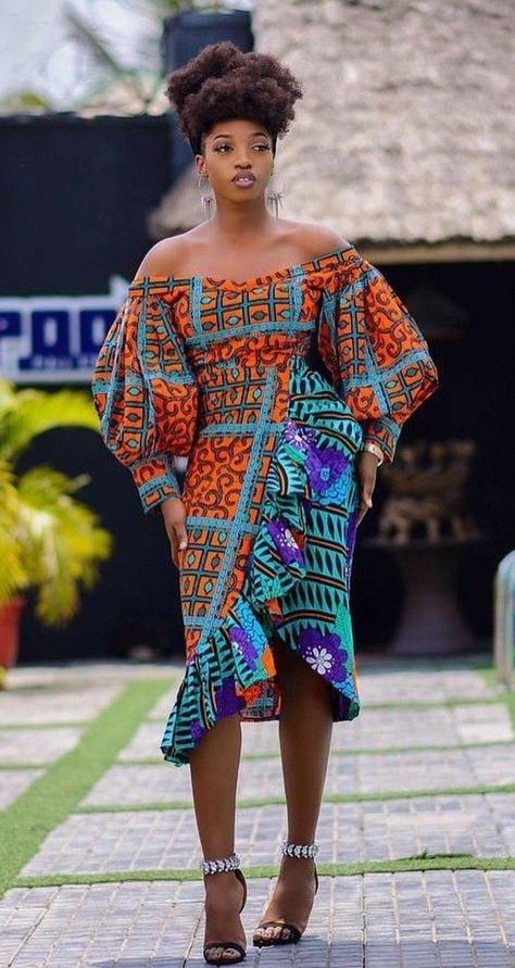 This off shoulder ankara dress is a must try ankara style for my beautiful african ladies. #ankaradress #ankarastyle #ankaraoffshoulderdress #africanstyle #africandress Dashiki Clothing, Mode Prints, Ankara Short Gown Styles, Ankara Dress Styles, Short African Dresses, African Dresses Modern, Ankara Gown Styles, African Wear Dresses, Afrikaanse Mode