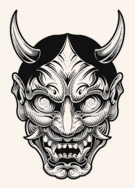 Small Hanya Mask Tattoo, Japanese Oni Tattoo Design, Hannya Mask Tattoo Design Black And Grey, Half Mask Tattoo, 1994 Lettering Tattoo, Japanese Oni Mask Drawing, Hanya Mask Drawing, Hanya Mask Tattoo Traditional, Oni Mask Traditional