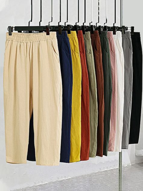 Women's Clothing Cotton Casual Pants, Casual Linen Pants, Plain Pants, Fall Pants, Cropped Linen Pants, Pants Cotton, Pants With Pockets, Elastic Waist Pants, Loose Pants