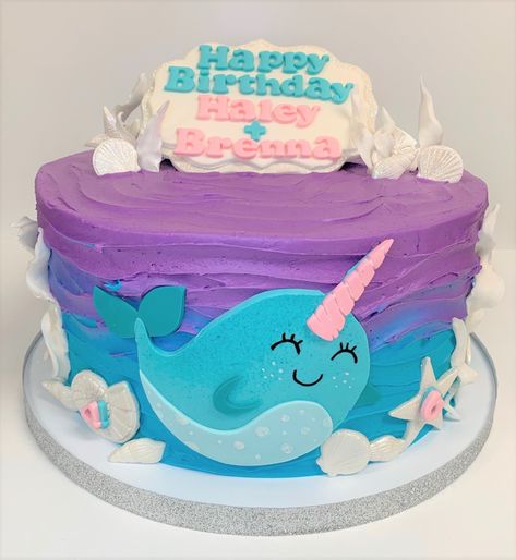 Adorable custom narwhal-themed little girls' birthday cake with buttercream and hand-crafted fondant accents. Made by Flavor Cupcakery. Narwhal Birthday Party Cake, Narwhal Cake Ideas, Narwhal Birthday Cake, Whale Birthday Cake, Birthday Cake With Buttercream, Narwhal Birthday Party, Narwhal Cake, Whale Cakes, Kids Birthday Cake