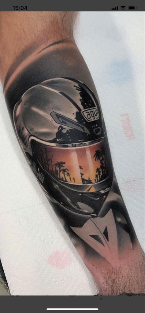 Motorcycle Angel Tattoo, Motorbike Tattoo Sleeve, Car Racing Tattoos For Men, Motorcycle Sleeve Tattoo, Motor Bike Tattoo, Rider Tattoo For Men, Ducati Tattoo Ideas, Sportbike Tattoo, Motocycle Tattoo Idea