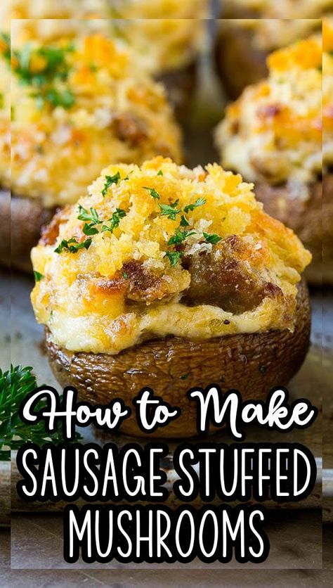 These sausage stuffed mushrooms are mushroom caps filled with Italian sausage, herbs and three kinds of cheese, then baked to golden brown perfection. Dinner With Mushrooms, Mushroom Appetizer, Fried Ravioli, Restaurant Appetizers, Sausage Stuffed Mushrooms, Mushroom Appetizers, Mushroom Caps, Sausage Stuffing, Mushroom Dish