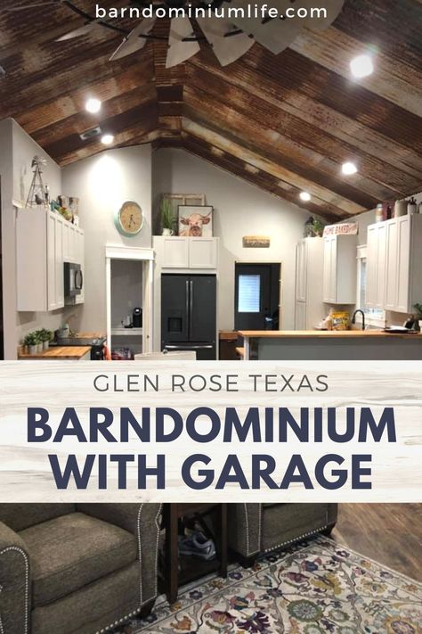 Here we have a Glen Rose Texas 2 Bed 2 Bath Barndominium with Garage (or shop)! The Barndominium garage/shop is the same size as the main house (42 x 30 ft). Check out the rest of the Barndominium to get great ideas and the Barndominium floor plan for this beautiful home. 2 Bed 2 Bath Barndominium, Barn Loft Apartment, Metal Shop Houses, Texas Barndominium, Shop With Living Quarters, Glen Rose Texas, Barn Homes Floor Plans, Garage Guest House, Barn Apartment