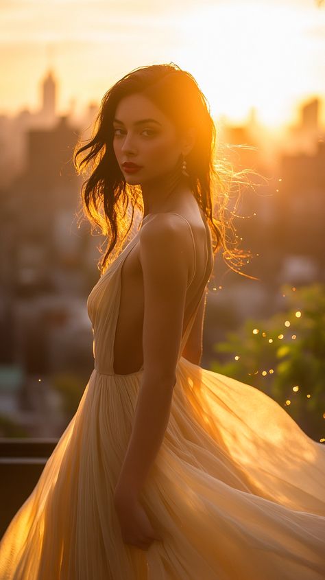 Step into the magic of a high-end rooftop photo shoot at dusk. A statuesque top model commands the golden and pink-hued skyline, her silhouette framed by the fading sunlight. Draped in a flowing silk gown with a daringly low back, the fabric moves like liquid, accentuating her every curve. Bold red lips and a shimmer of gold dust across her collarbones and shoulders complete the look. With confidence and allure radiating from her smoldering gaze, this scene captures the essence of high fashion under the enchanting glow of golden hour #RooftopGlamour #GoldenHourGlow #HighFashionEditorial #SilkElegance #ModelAtDusk #CityscapeChic #BoldAndBeautiful #LuxuryStyle #SunsetVibes #RedLipsGoldDust #EveningElegance #FashionInspiration Dress Photoshoot Poses, Golden Hour Portrait, Golden Hour Shoot, Golden Hour Photoshoot, Golden Hour Photography, Silhouette Frames, Spring Photoshoot, Bold Red Lips, High Fashion Editorial