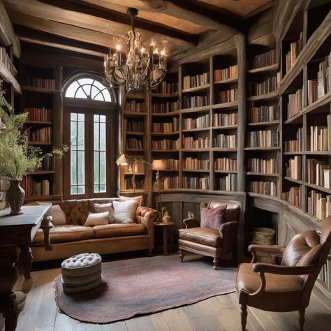 Dark Academia Home Library, Man Study, Loft Cottage, Log Cabin Mansions, Dark Academia Room Ideas, Dark Academia Office, Barn Cafe, Dream Home Library, Dark Academia Home