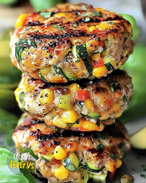 Chicken, Zucchini and Fresh Corn Burgers Chicken Corn Zucchini Burgers, Low Meat Recipes, One Pan Chicken With Charred Corn And Zucchini, Zucchini Corn Cakes, Chicken Zucchini And Corn Burgers, Chicken Veggie Burgers, Mini Zucchini Burgers, Chicken Zucchini Burgers, Easy Chicken Zucchini Recipes