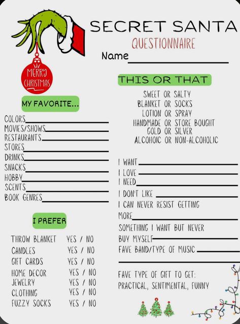 Secret Santa Questionnaire Free, Free Secret Santa Questionnaire, Secret Santa Questionnaire For Family, Christmas Questionnaire, Gift Exchange Questionnaire, Secret Santa Questions, Secret Santa Game, Santa Questionnaire, Work Secret Santa