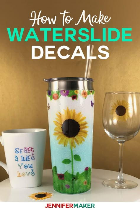 Waterslide Decal Tutorial: Tumblers, Mugs, and Glasses - Jennifer Maker Inkjet Waterslide Decal Paper, How To Make Water, Sublimacion Ideas, Water Slide Decals, Waterslide Decal Paper, Waterslide Paper, Glitter Tumbler Cups, Waterslide Decals, Wine Bottle Diy Crafts