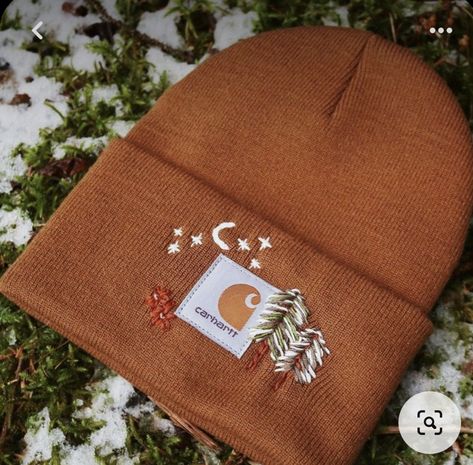 Wyoming Fashion, Embroidered Carhartt Beanie, Alaskan Cabin, Beanie Embroidery, Snowy Pine Trees, Embroidery Beanie, Embroidery Hats, Embroidery Hat, Carhartt Beanie