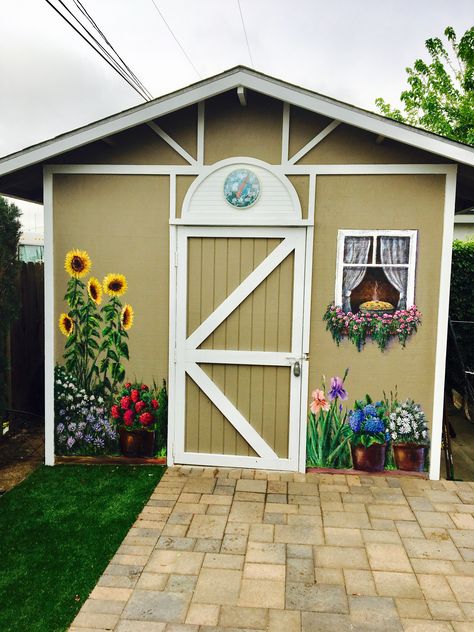 Painted Garden Sheds, Renovation Facade, Garden Shed Ideas, Painted Shed, Shed Decor, Shed Ideas, Garden Mural, Fence Art, Backyard Shed