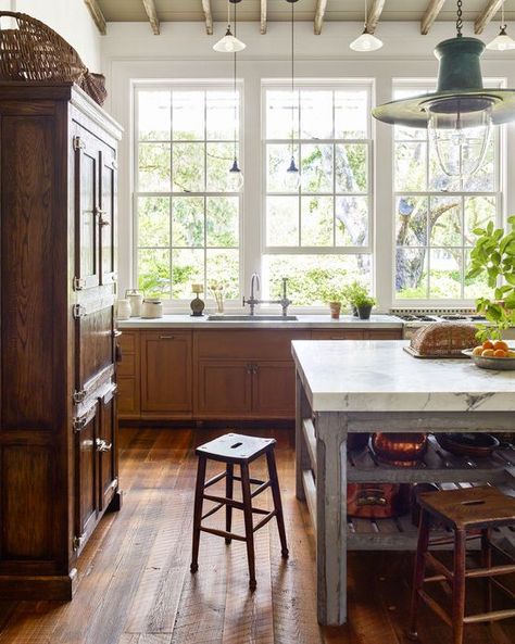 Concepts Architecture, Antique Farm Table, Historical Concepts, Country Living Magazine, Prep Kitchen, Brick Flooring, Exposed Beams, Old Farmhouse, Favorite Kitchen