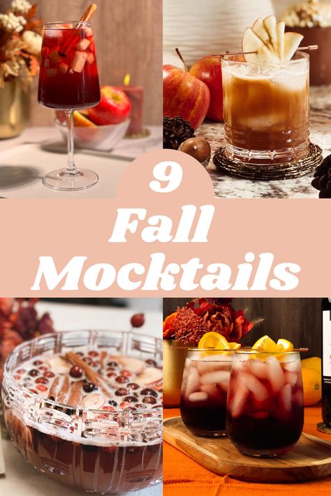 Non Alcoholic Drinks For Fall Parties, Low Calorie Mocktail Recipe Fall, Sangria Mocktail Recipe, Easy Mocktail Recipes Fall, Fun Fall Mocktail Recipe, Mocktail Recipe Thanksgiving, Healthy Mocktails Non Alcoholic Fall, Thanks Giving Mocktails, Thanksgiving Mock Tails