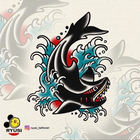 American Traditional Waves, Shark Japanese Tattoo, American Traditional Hammerhead, Shark Tattoo Design Drawings, Traditional Old School Tattoo Flash, American Traditional Shark Tattoo, Shark Tattoo Traditional, American Traditional Shark, Traditional Shark Tattoo